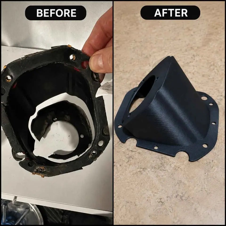 Before-and-after view of a damaged Dodge Ramcharger fuel bezel and its finished replacement
